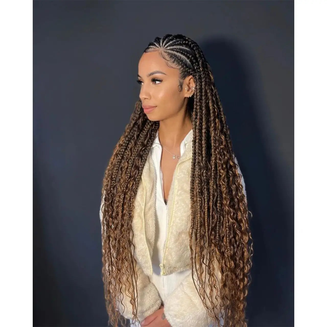 Dimensional Dark Brown Braids with Caramel Curls