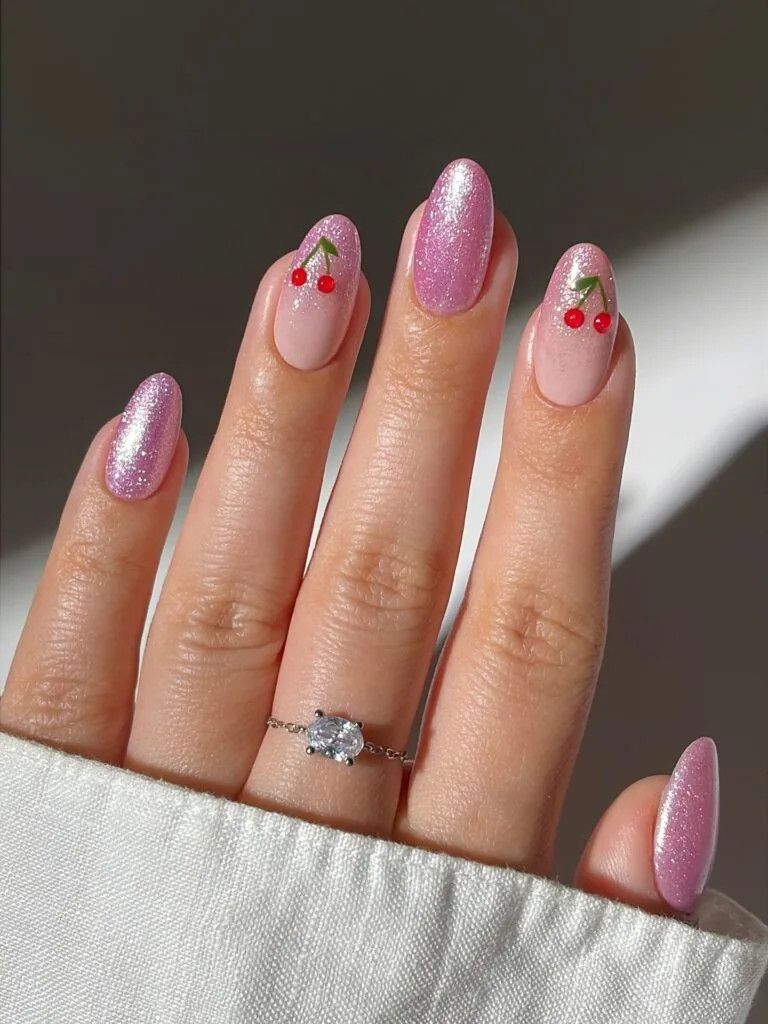 Glitter Pink with Cherry Art Medium Oval Glitter Pink with Cherry Art Medium Oval — Shellac Nails