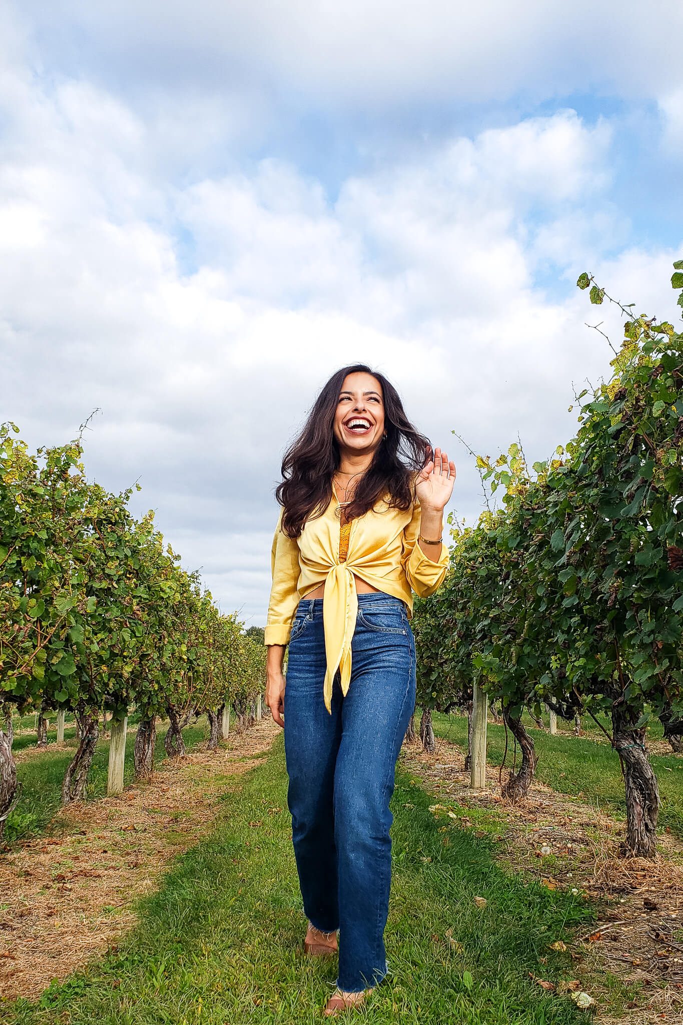 Satin Tie-Front Blouse with Denim Jeans for Casual Winery Chic — Winery Outfits