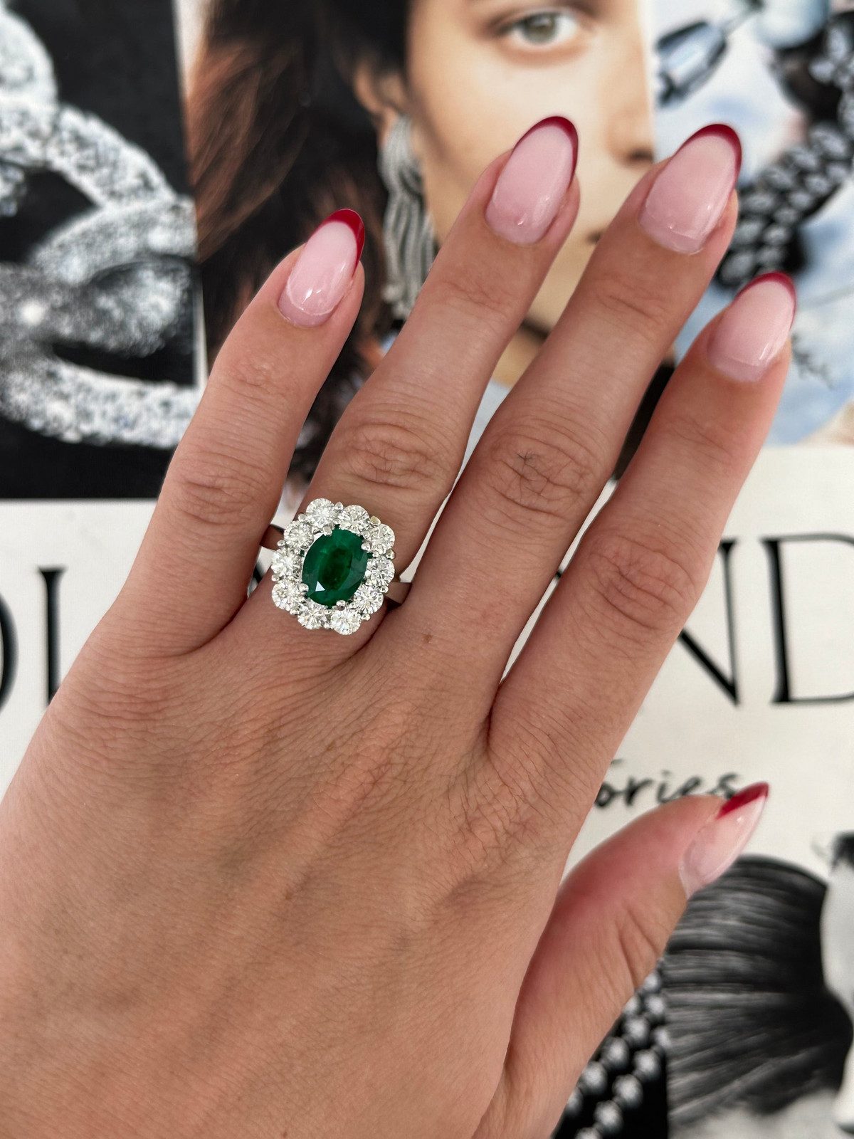 Emerald and Diamond Ring with French Manicure — Cocktail Rings