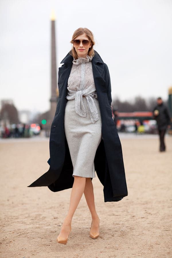 Grey Wool Pencil Skirt with Ruffled Blouse and Trench Coat — Pencil Skirt Outfits