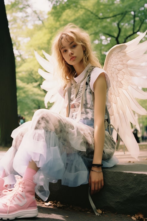 Whimsical Layered Dress with Angel Wings and Sneakers — Angelcore Outfits