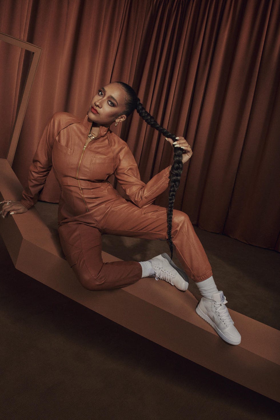 Leather Jumpsuit with White High-Top Jordan Sneakers Leather Jumpsuit with White High-Top Jordan Sneakers — Jordan Outfits