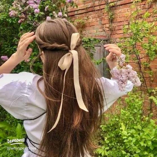 Medium Brown Twisted Half-Up With Cream Ribbon Medium Brown Twisted Half-Up With Cream Ribbon — Ribbon Hairstyles