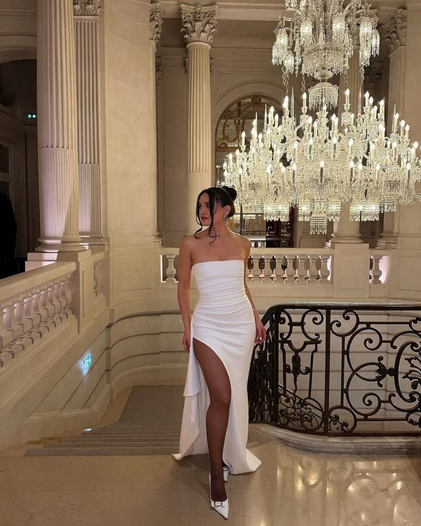 Elegant White Strapless Satin Gown with High Slit — 30th Birthday Outfits