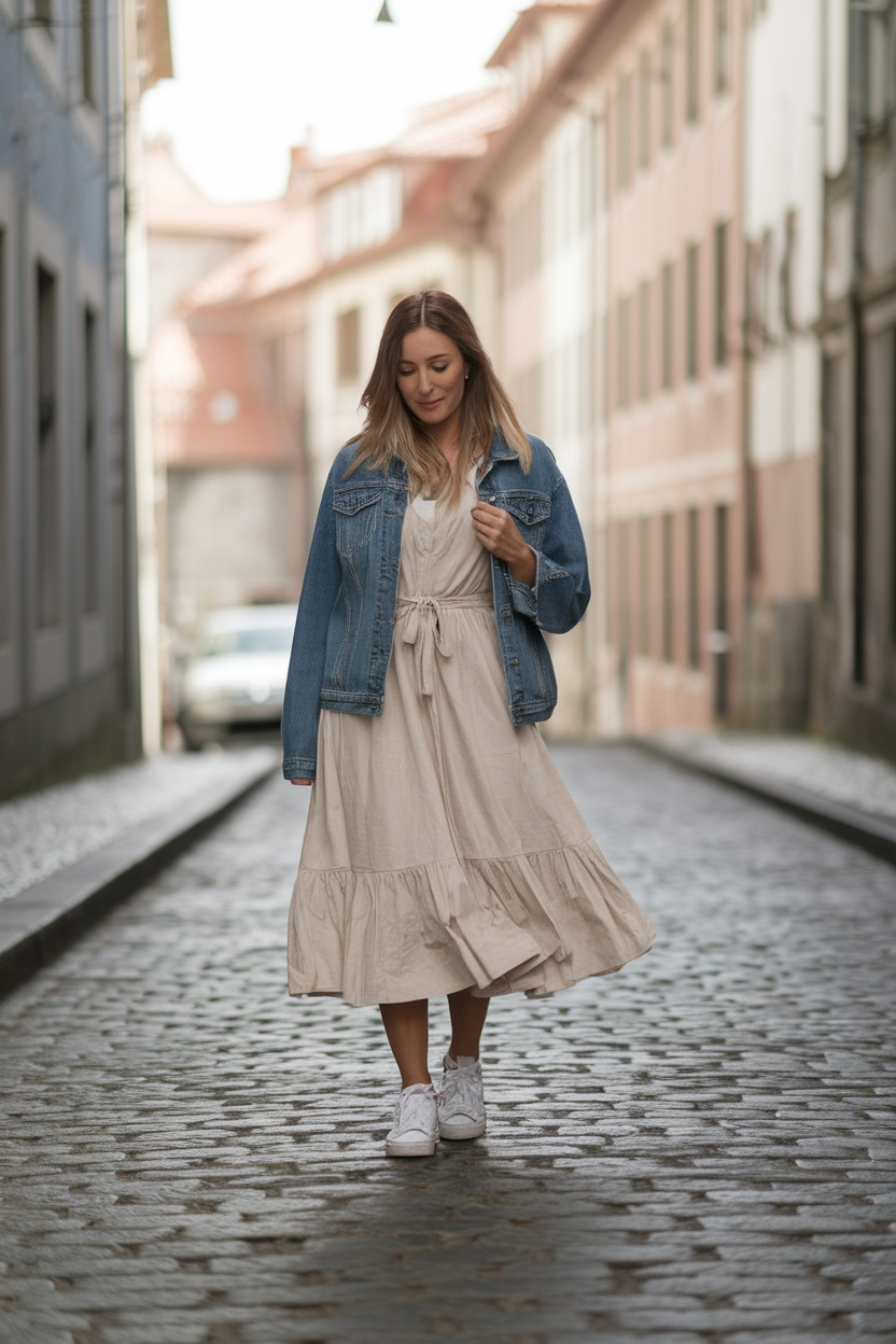 Versatile Denim Jacket Over a Flowy Dress — Portugal Outfits