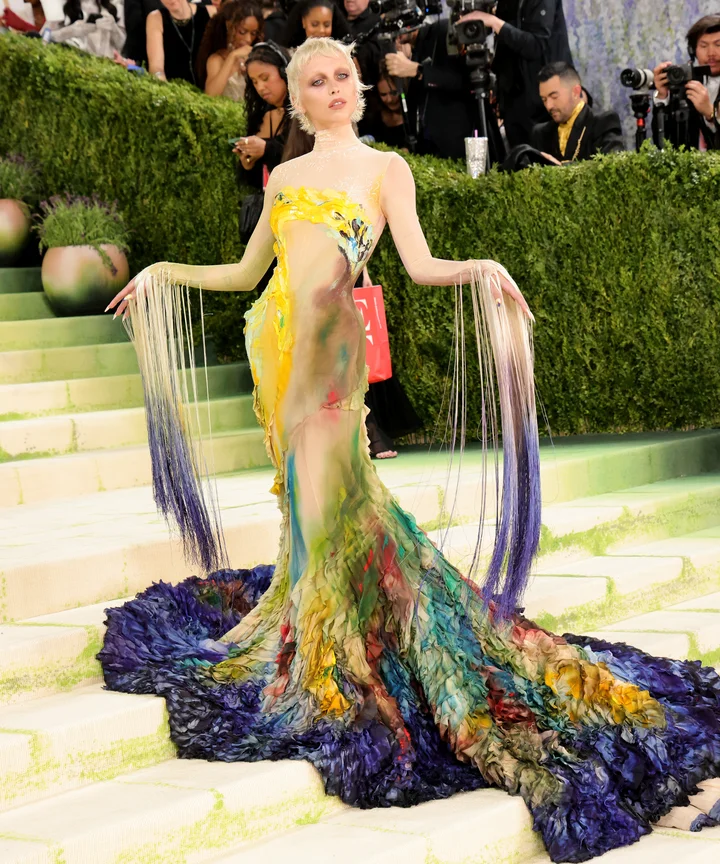 Vibrant Multi-Colored Sheer Gown with Fringe Sleeves — Gala Outfits