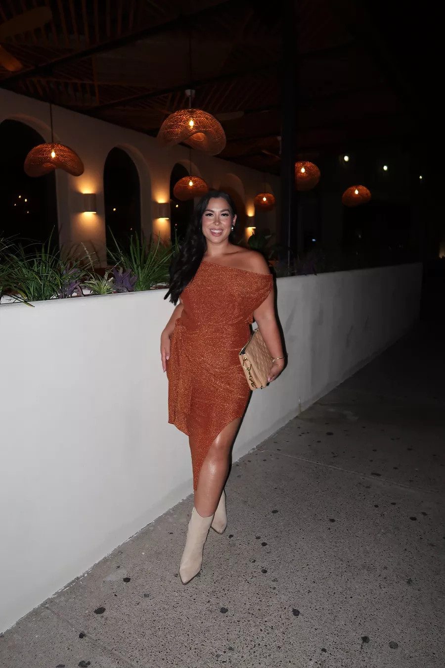 Metallic Rust Off-the-Shoulder Wrap Dress for Evening — Midsize Dresses