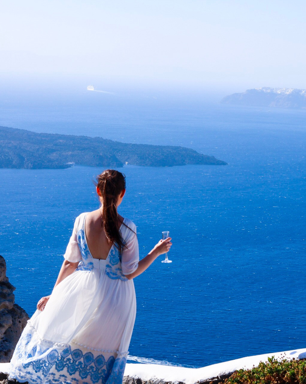 Santorini Chic: White Maxi Dress with Blue Embroidery — Santorini Outfits