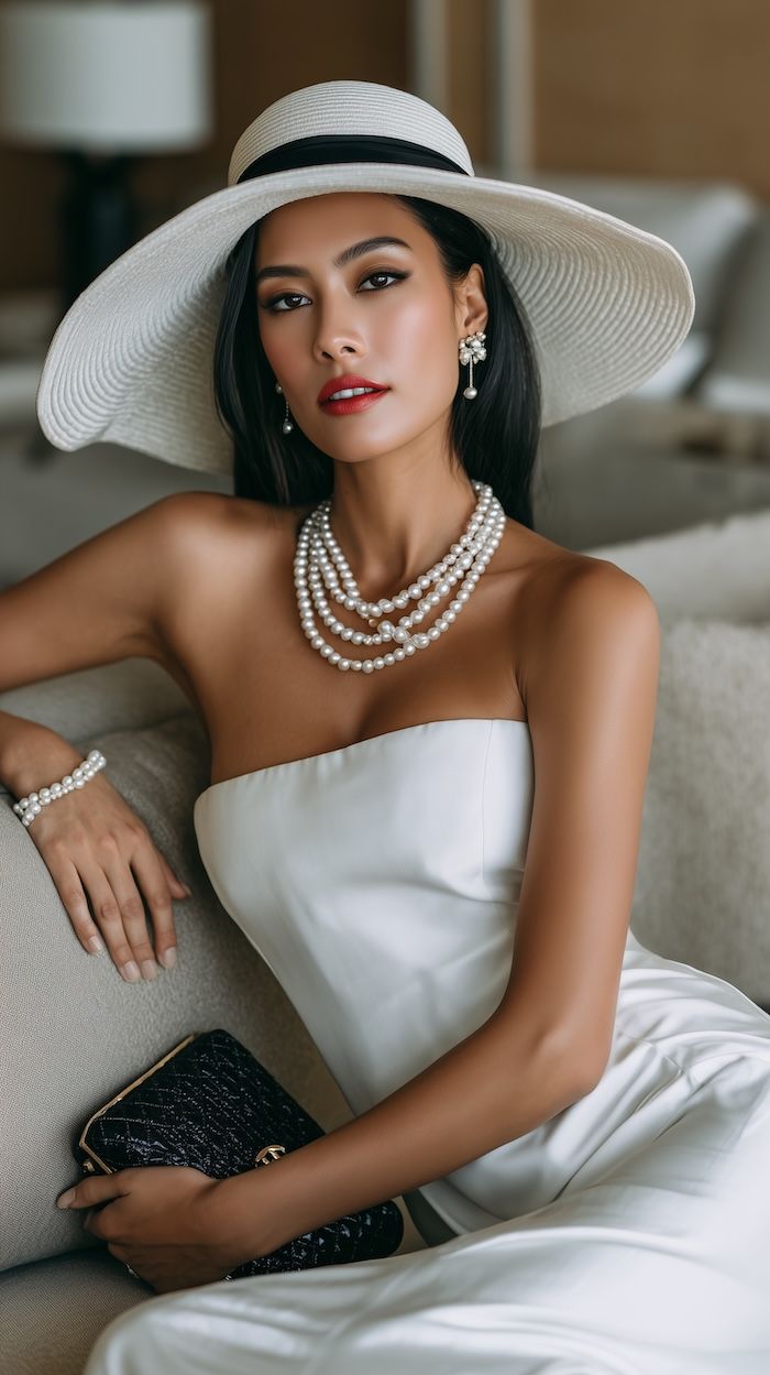 Ivory Satin Gown with White Straw Hat and Pearls Ivory Satin Gown with White Straw Hat and Pearls — Wide Brim Hat Outfits