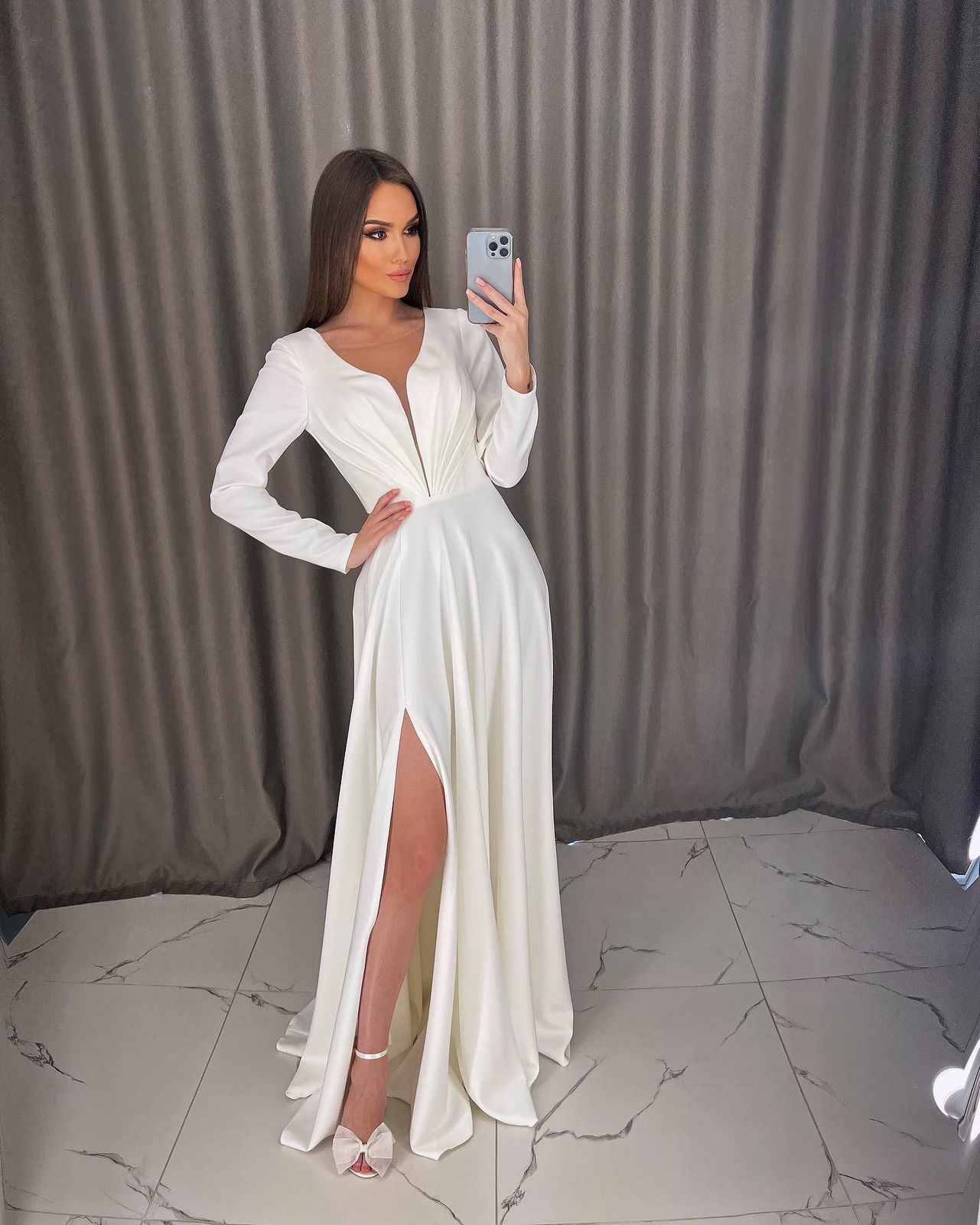 Ivory Satin Gown with Plunging Neckline and High Slit Ivory Satin Gown with Plunging Neckline and High Slit — Bridal Shower Dresses