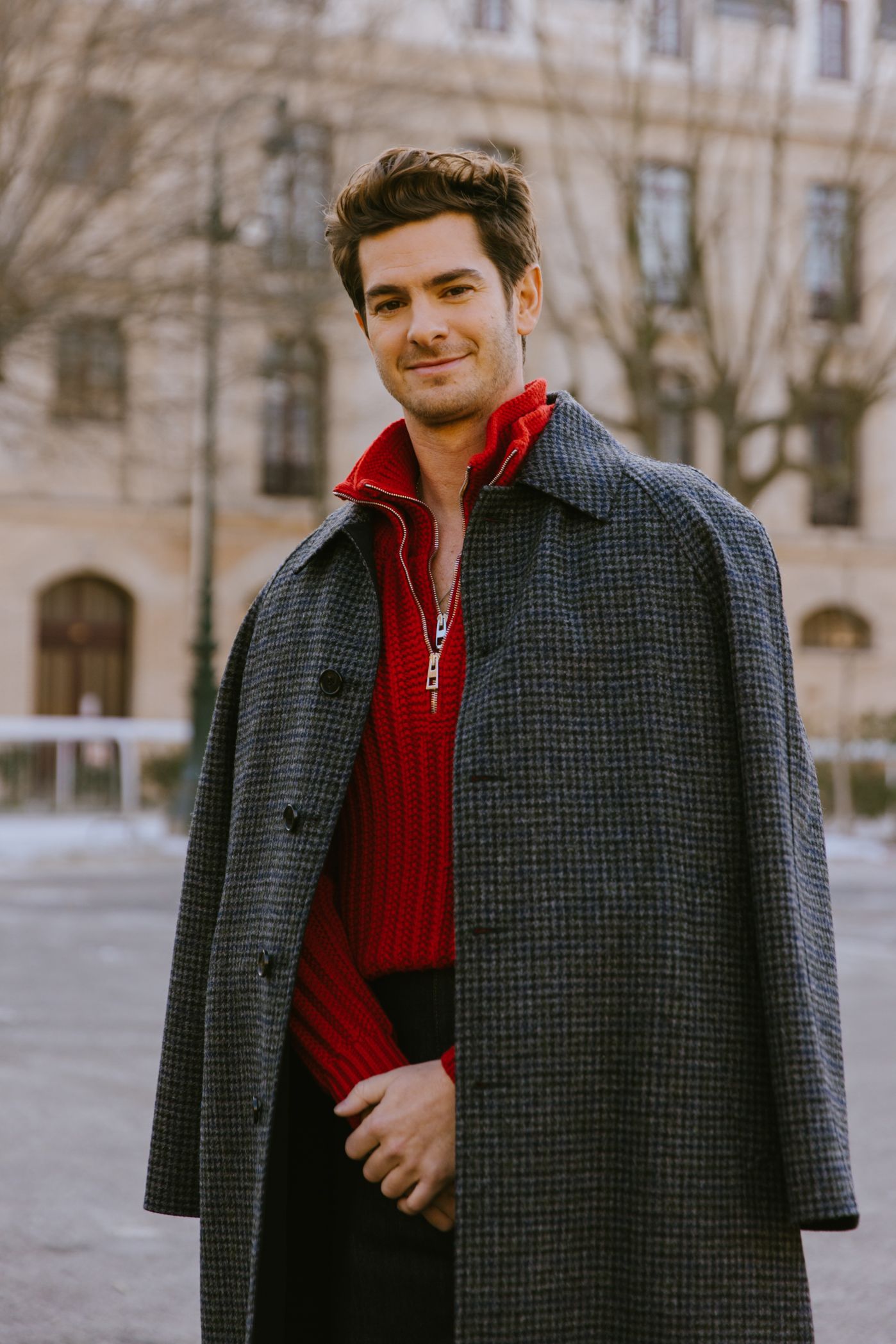 Houndstooth Overcoat with Red Quarter-Zip Houndstooth Overcoat with Red Quarter-Zip — Outfits for Men