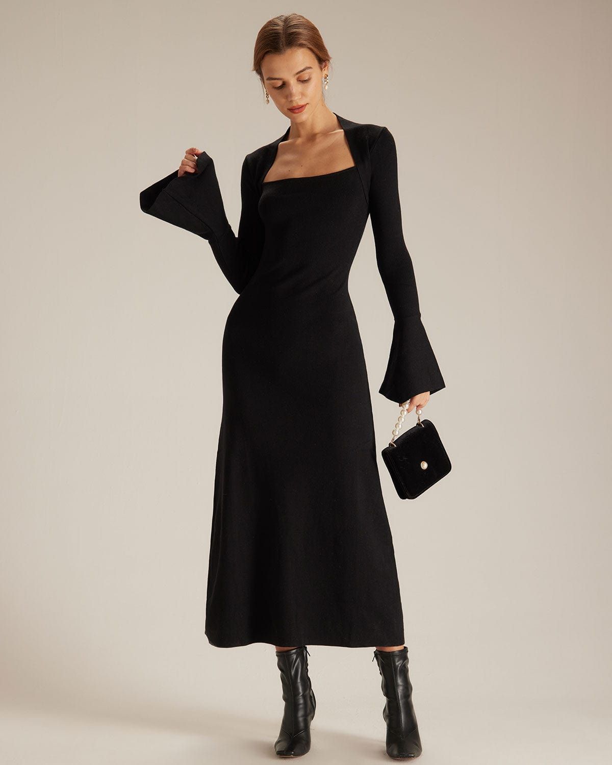 Fitted Black Ribbed Knit Midi Dress with Flare Sleeves Fitted Black Ribbed Knit Midi Dress with Flare Sleeves — Square Neck Dresses