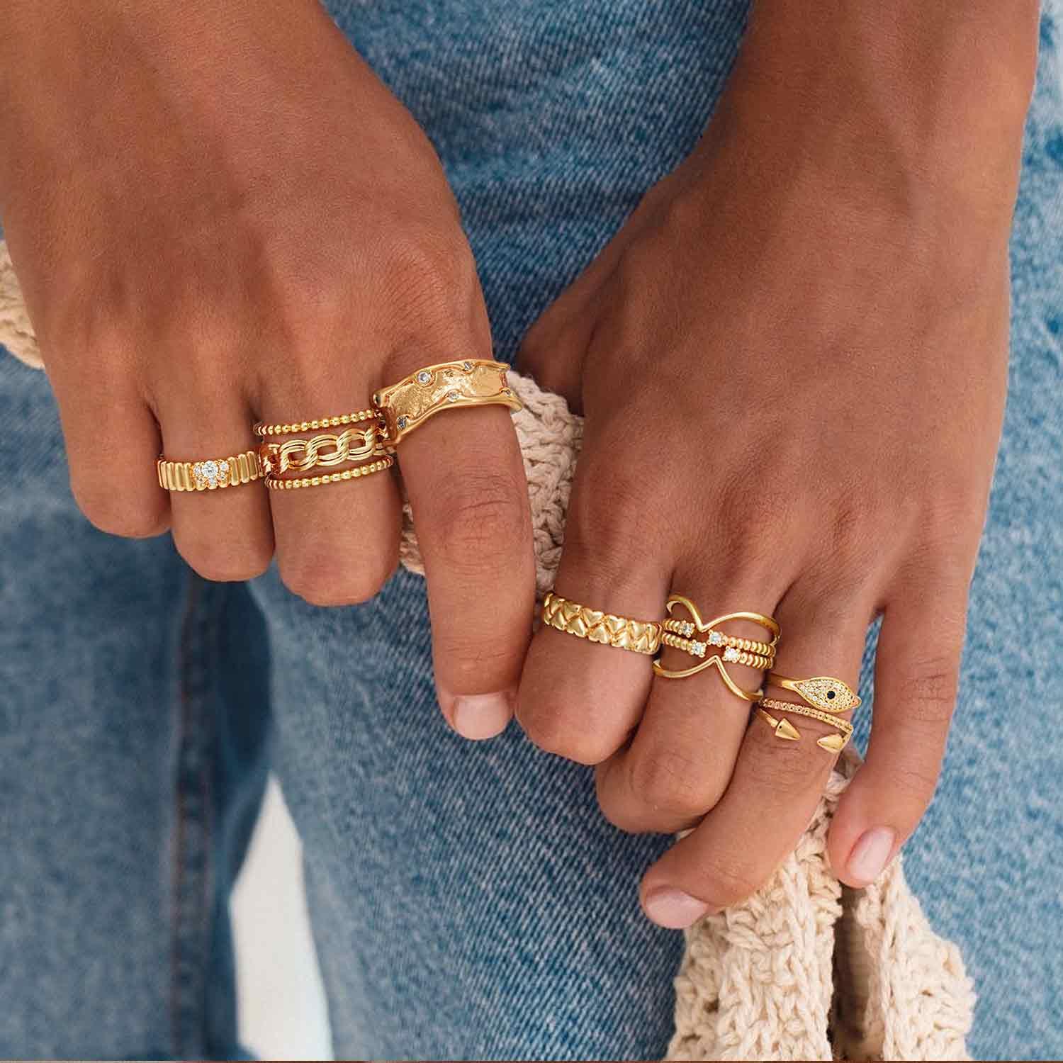 Geometric Gold Rings with Denim and Knit Geometric Gold Rings with Denim and Knit — Stacked Rings