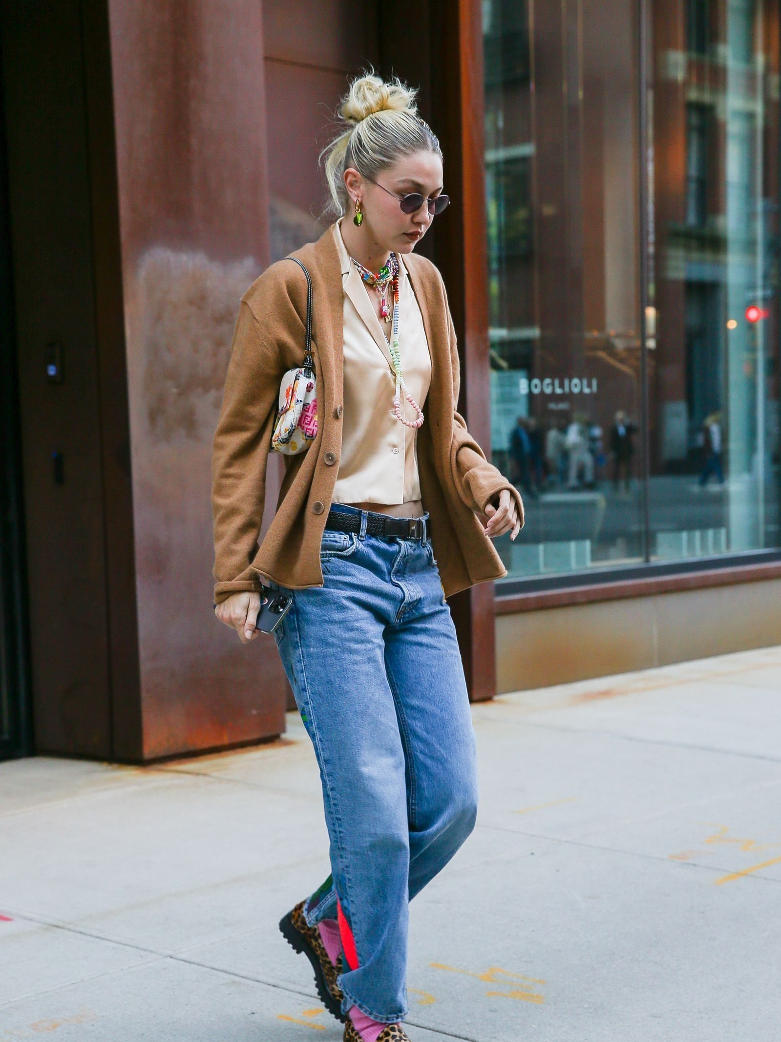 Cream Satin Blouse and Tan Cardigan with Straight Leg Jeans — Straight Leg Jeans Outfits