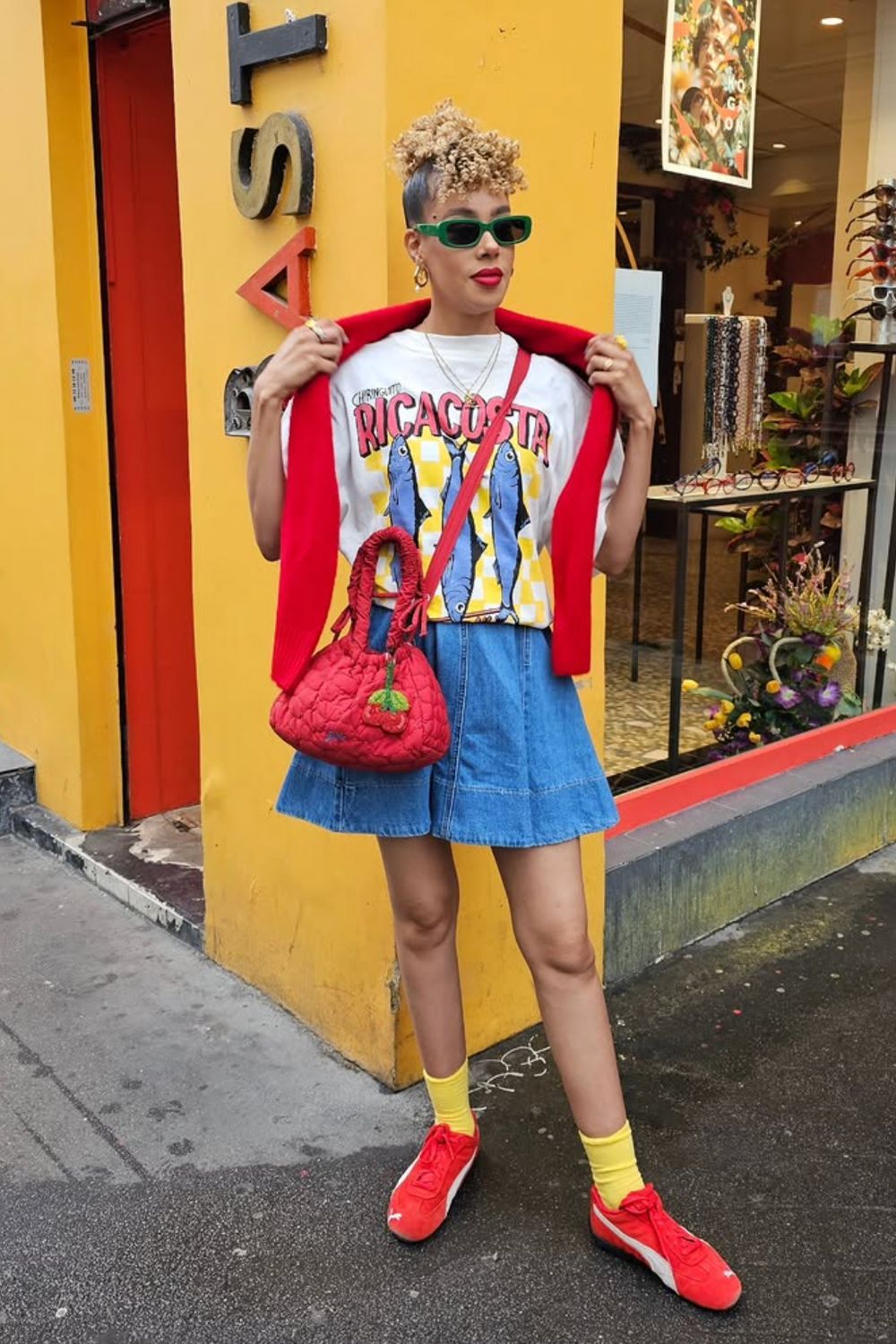 Casual Cool: Graphic Tee, Denim Mini, and Red Speedcats Casual Cool: Graphic Tee, Denim Mini, and Red Speedcats — Puma Speedcat Outfits