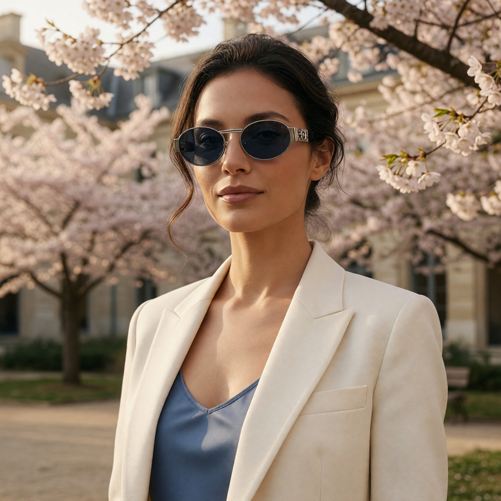 Chic Daytime Style: Silver Oval Sunglasses and Linen Blazer — Sunglasses for Oval Face