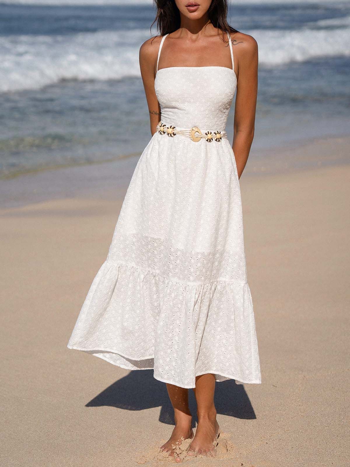 White Eyelet Midi Dress with Beaded Belt White Eyelet Midi Dress with Beaded Belt — Beach Dresses