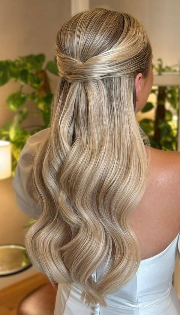 20 Romantic Half Up Half Down Hairstyles : Glossy Blonde Waves