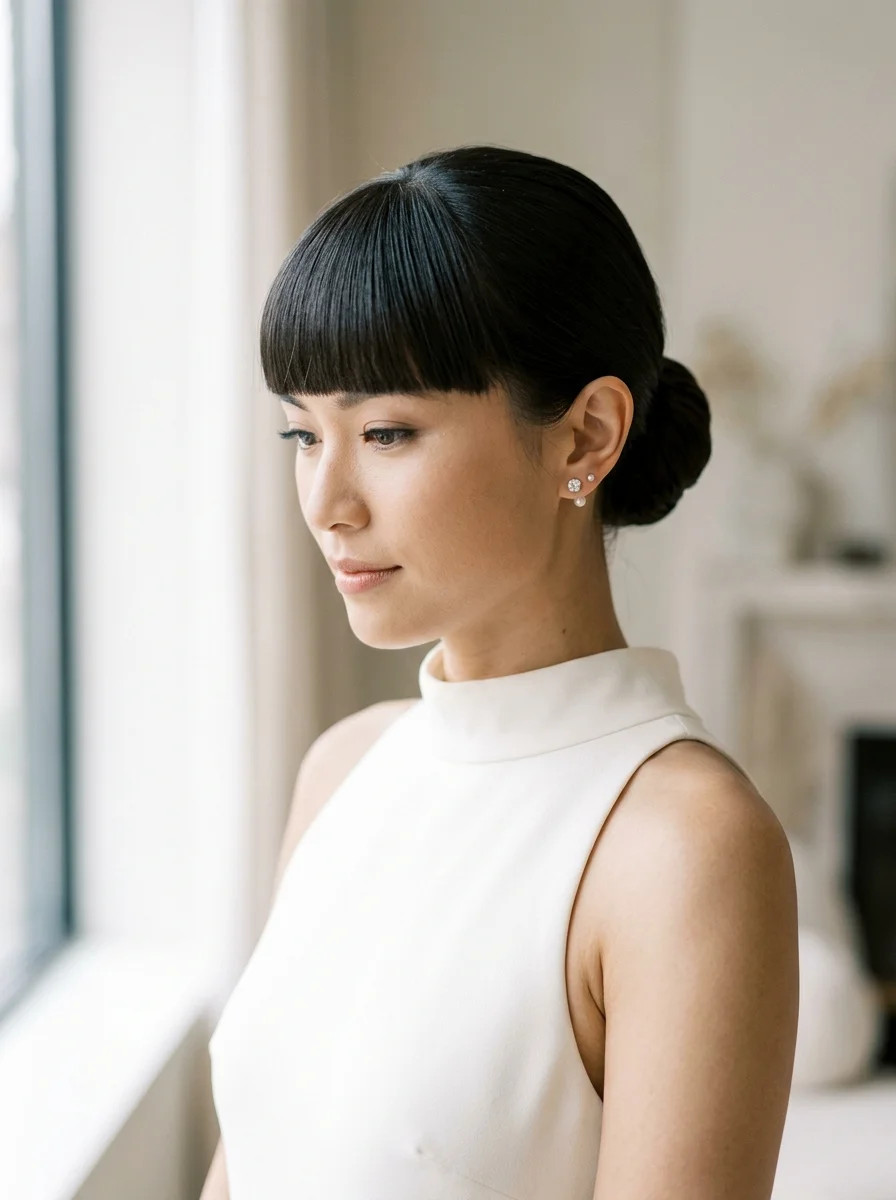 Black Hair with Blunt Bangs Low Bun — Low Bun with Bangs