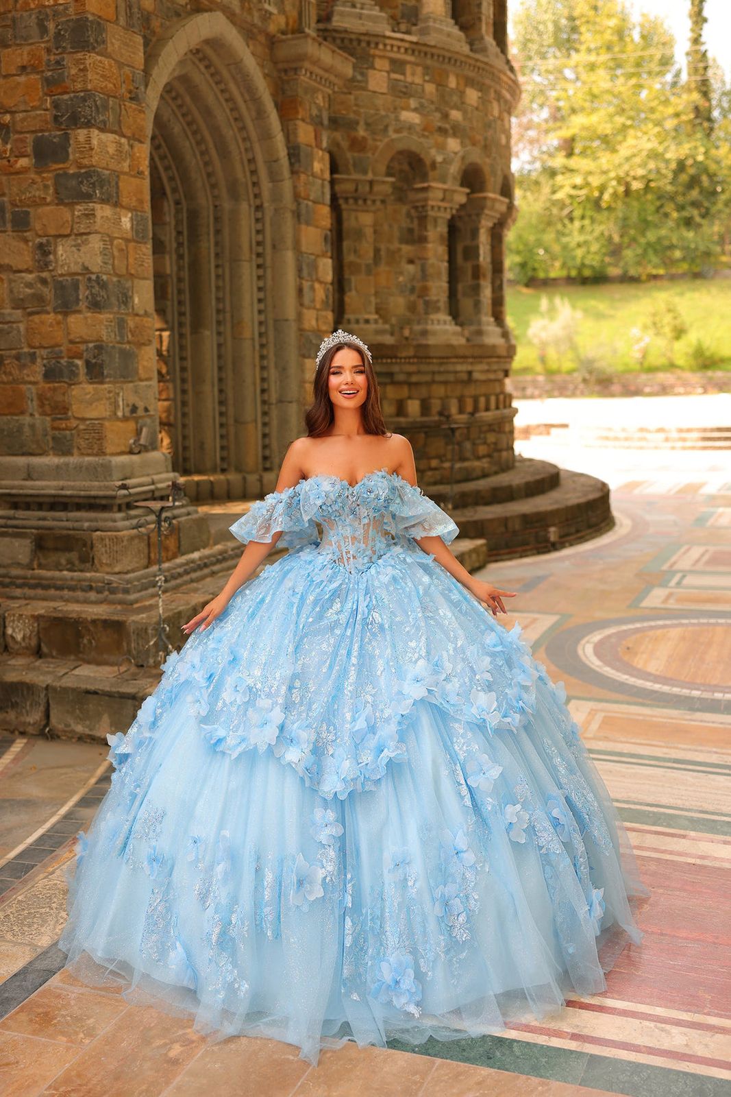 Light Blue Off-Shoulder Ball Gown with Ruffled Skirt Light Blue Off-Shoulder Ball Gown with Ruffled Skirt — Ball Gowns