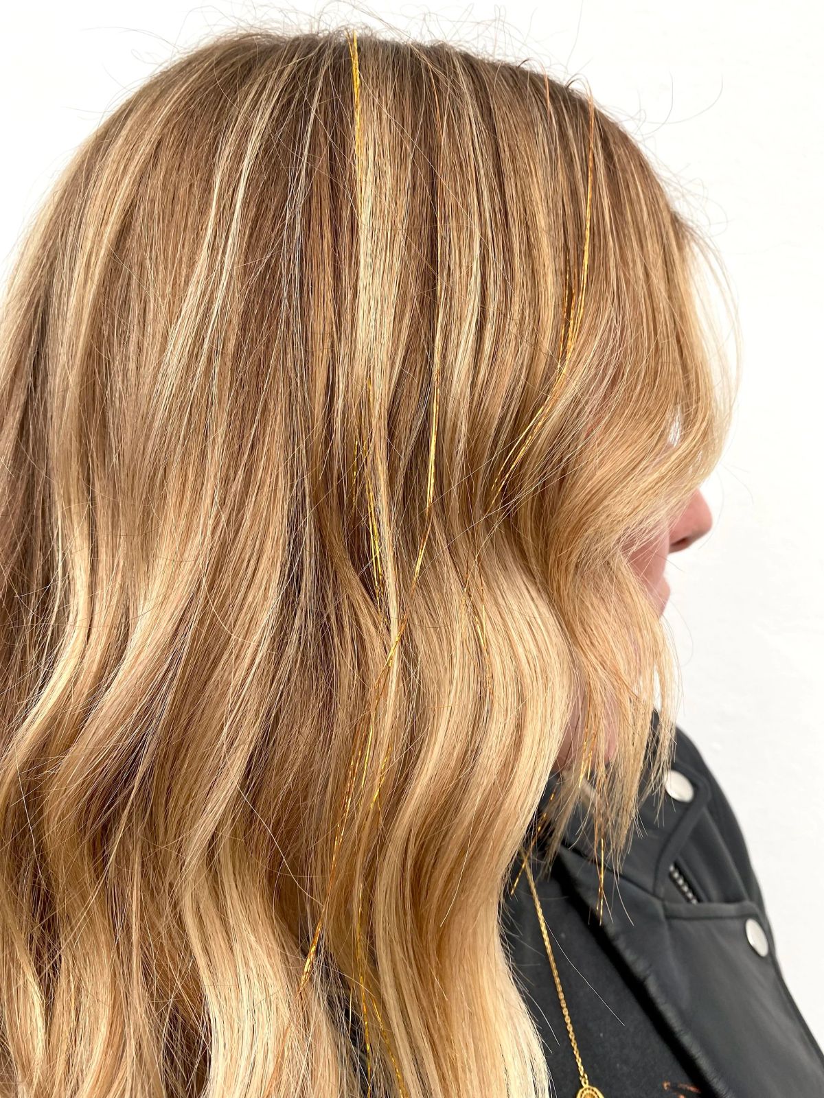 Subtle Gold Tinsel on Side Part Waves — Hair Tinsel