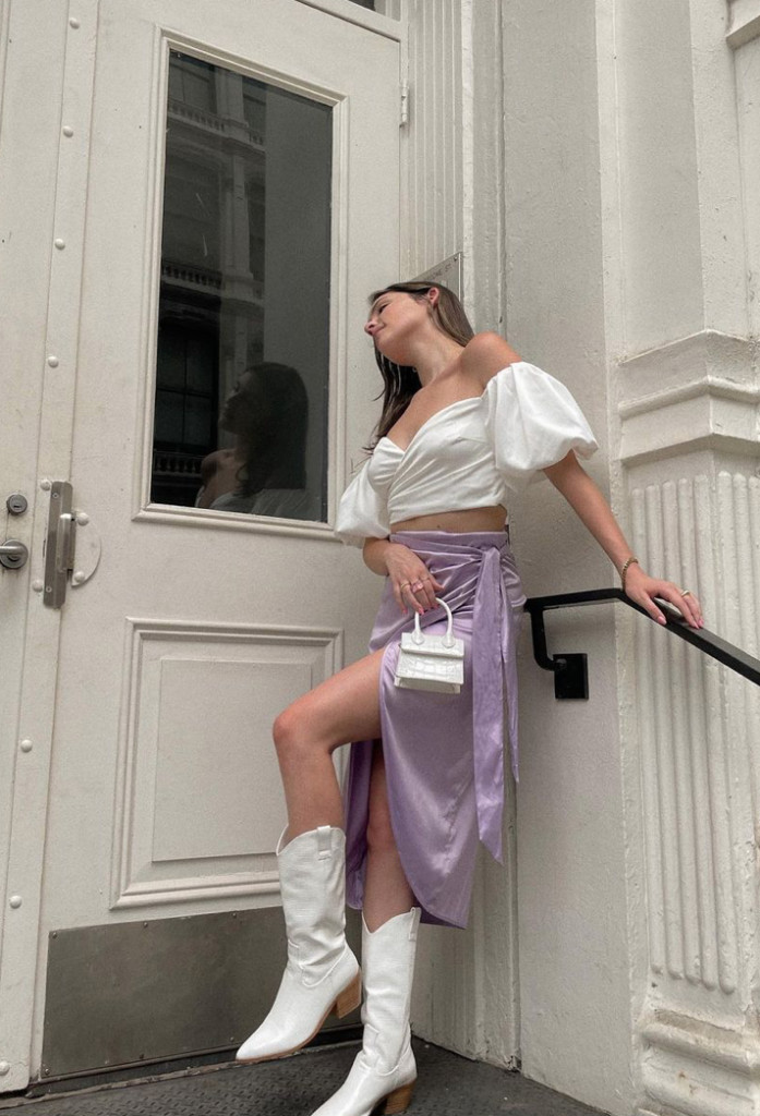 Elegant Evening: White Cowboy Boots with Lavender Satin Skirt — Cowboy Boots with Skirt Outfits