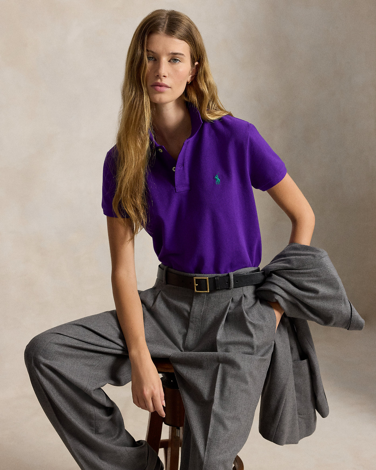 Business Casual: Purple Polo with Grey Blazer Business Casual: Purple Polo with Grey Blazer — Polo Shirt Outfits Women