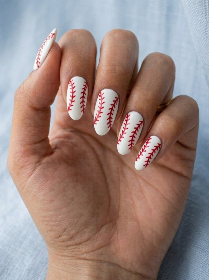 Medium Almond White with Red Stitch Medium Almond White with Red Stitch — Baseball Mom Nails