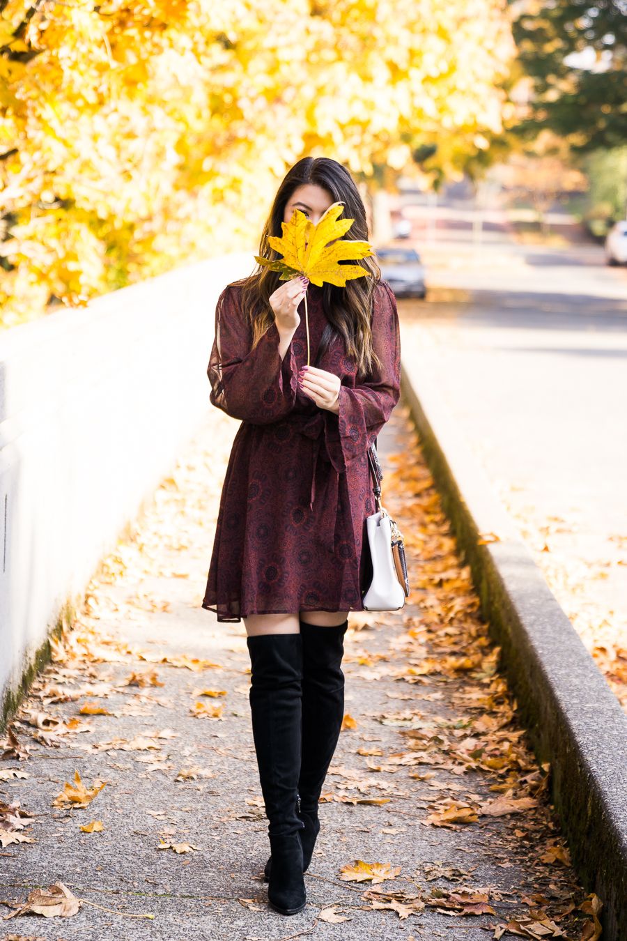 Burgundy Printed Dress with Over-the-Knee Boots for Fall Burgundy Printed Dress with Over-the-Knee Boots for Fall — Seattle Outfits