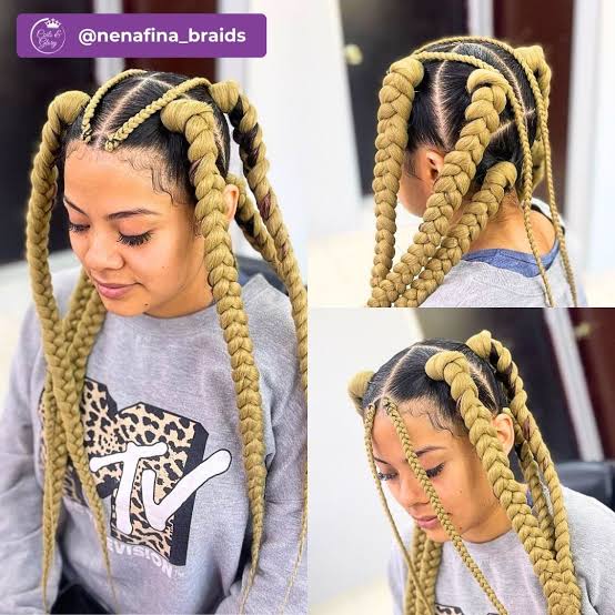 Blonde Jumbo Braids in High Pigtails
