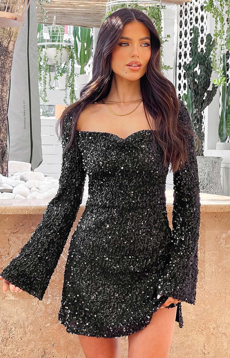 Black Sequin Mini Dress with Bell Sleeves Black Sequin Mini Dress with Bell Sleeves — Sequin Dresses