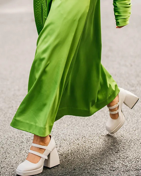Lime Green Wide-Leg Satin Pants with White Platform Mary Janes — Chunky Mary Janes Outfits