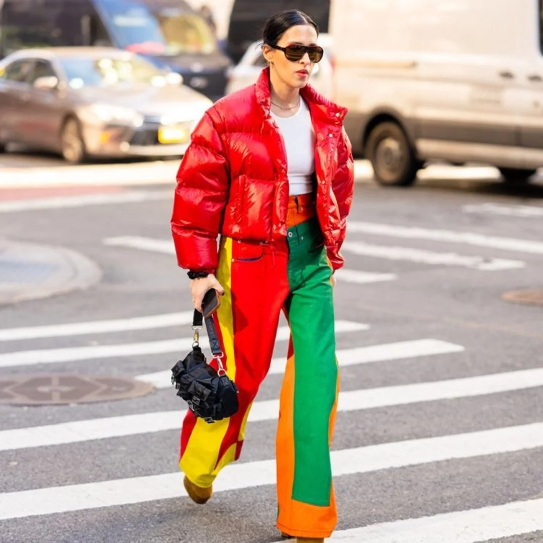 Color-Blocked Pants with Red Puffer Jacket Color-Blocked Pants with Red Puffer Jacket — Colorful Outfits