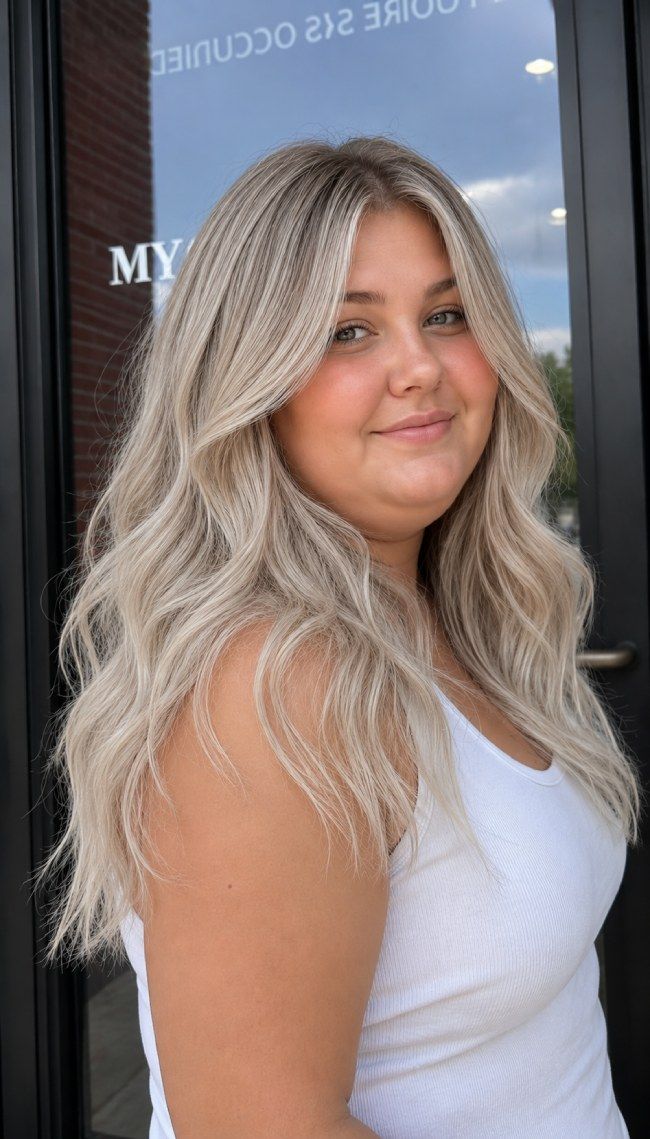 Ash Blonde Waves With Root Shadow — Hairstyles for Double Chin