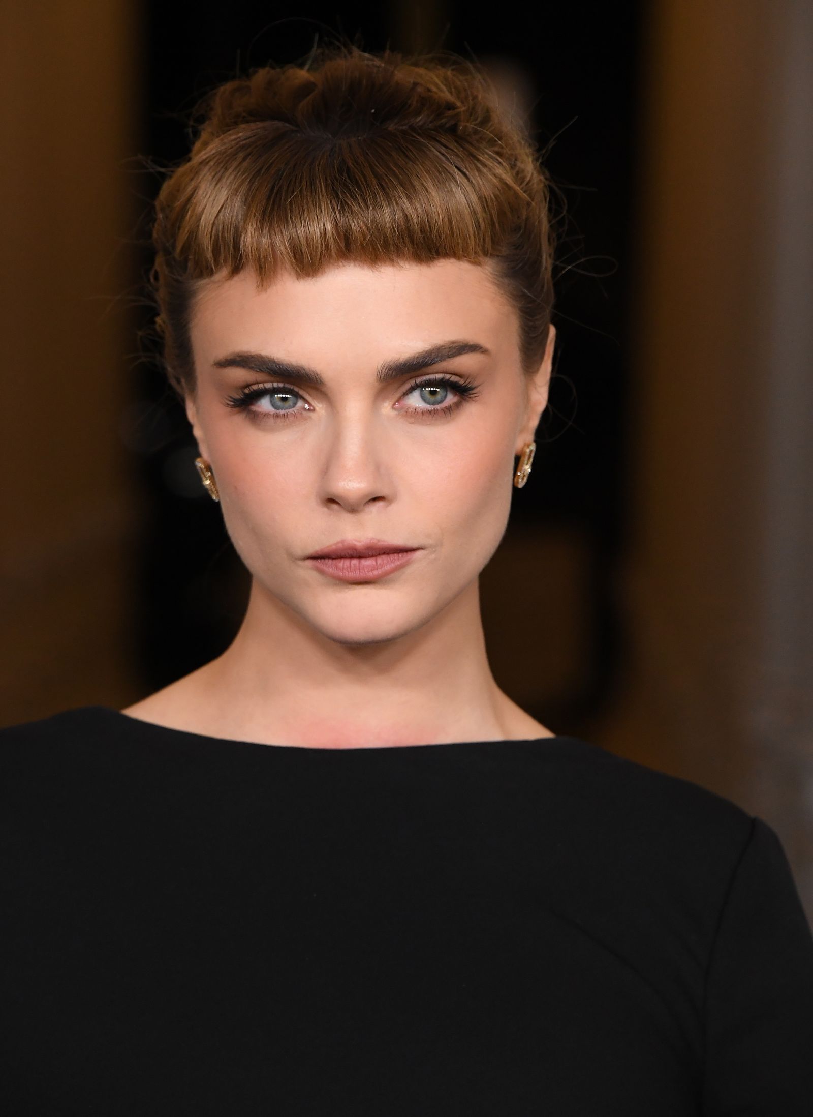 Micro Bangs with a Simple Black Dress and Gold Earrings — Short Bangs