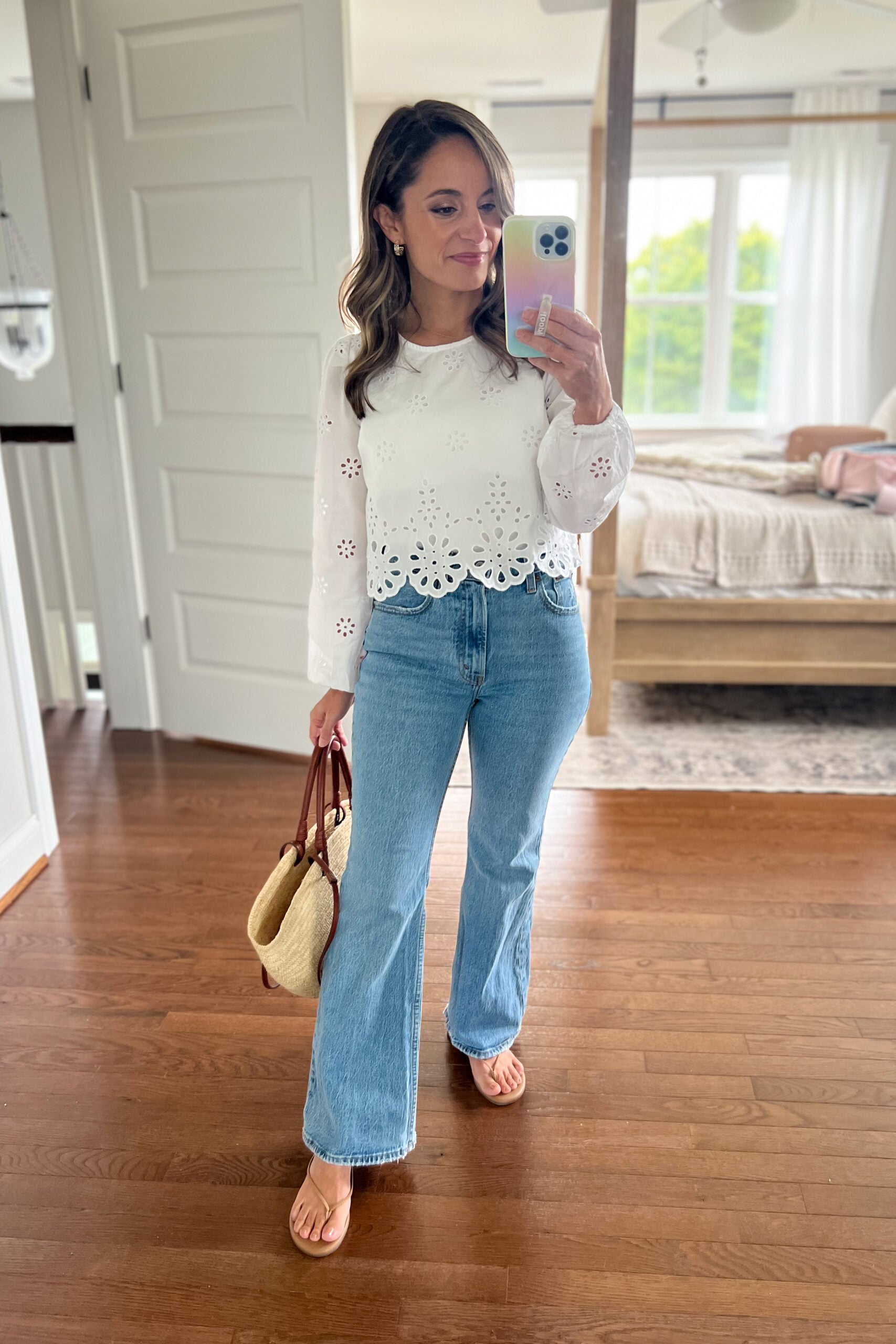 High-Waisted Flare Jeans with an Eyelet Top for Daytime Casual — Denim Outfits