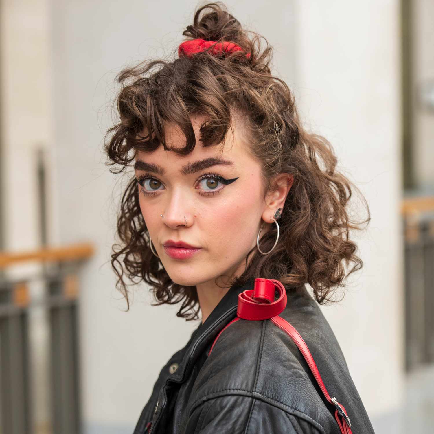 Dark Brown Curly Bob With Red Scrunchie Dark Brown Curly Bob With Red Scrunchie — Half Up Bun