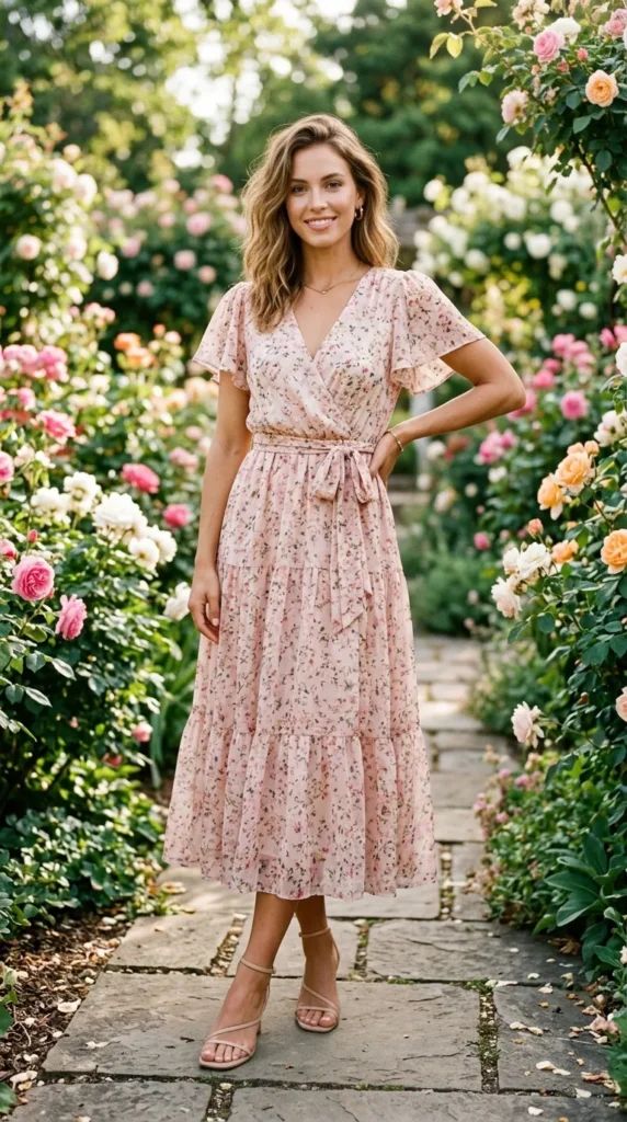 Tiered Midi Wrap Dress in Floral Chiffon — Garden Party Outfits