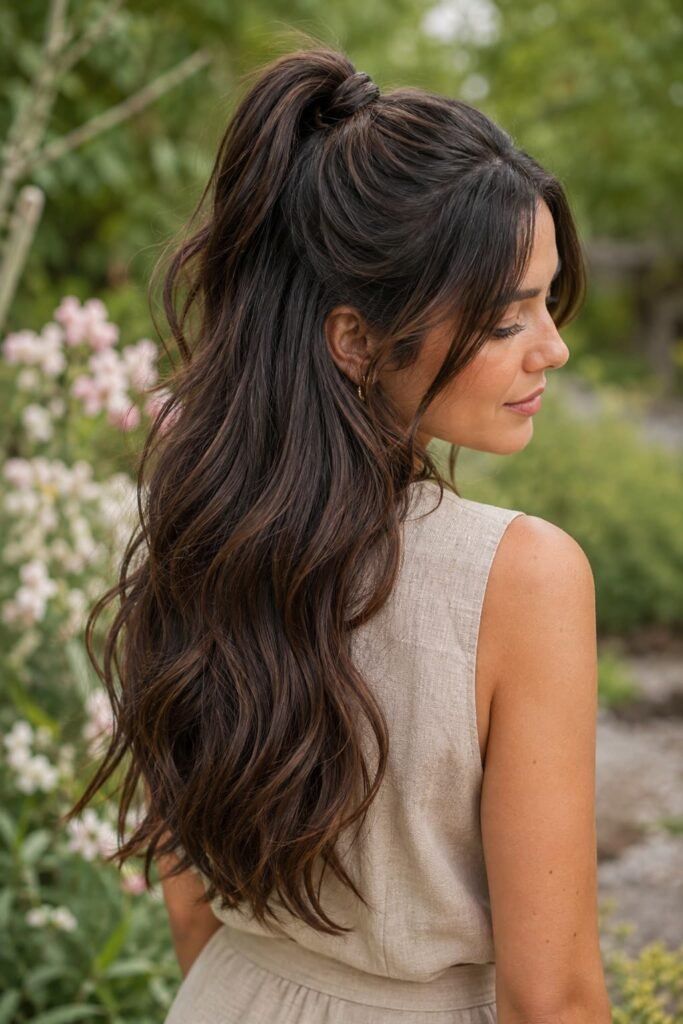Dark Brown Half Up Ponytail With Curls — Half Up Half Down with Curls
