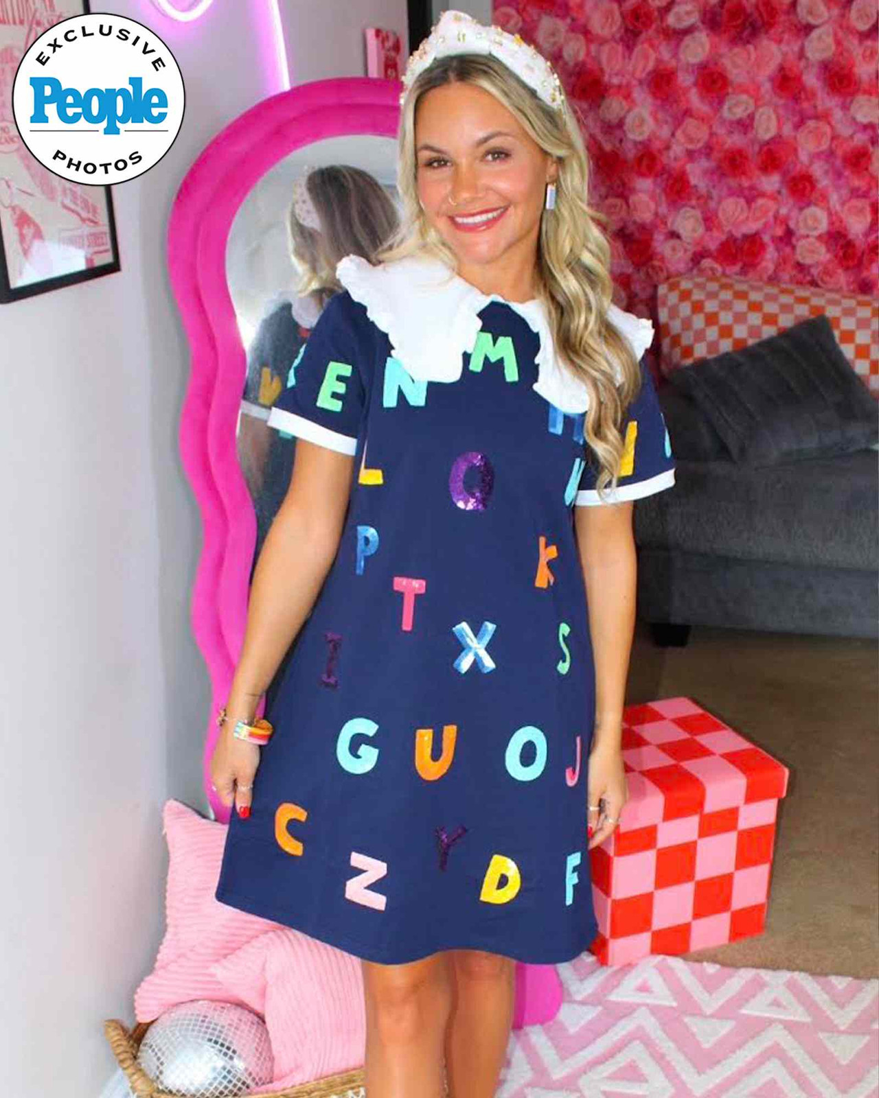 Playful Alphabet Applique Dress with Sneakers — Preschool Teacher Outfits