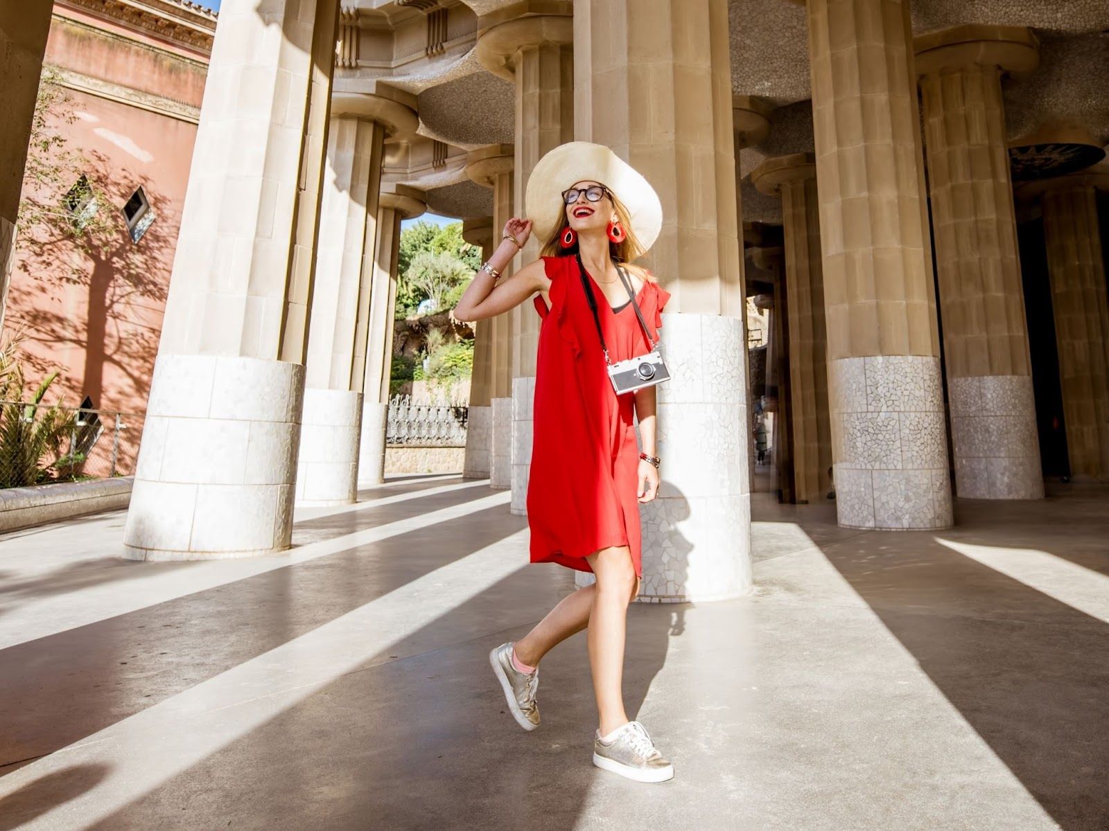 Red Midi Dress and Sneakers for Sightseeing — Barcelona Outfits