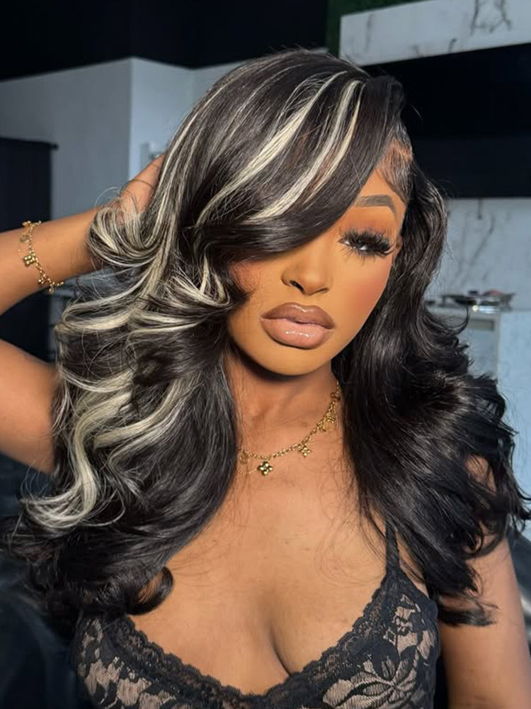 Shoulder-Length Waves Platinum Streaks Shoulder-Length Waves Platinum Streaks — Black Highlights