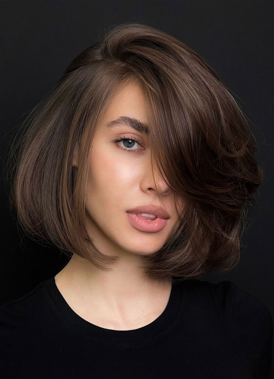 Dark Brown Bob with Side-Swept Bangs Dark Brown Bob with Side-Swept Bangs — Bob for Thick Hair