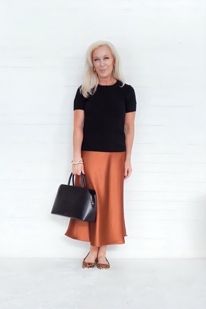 Copper Slip Skirt with Knit Top and Leopard Flats — Slip Skirt Outfits