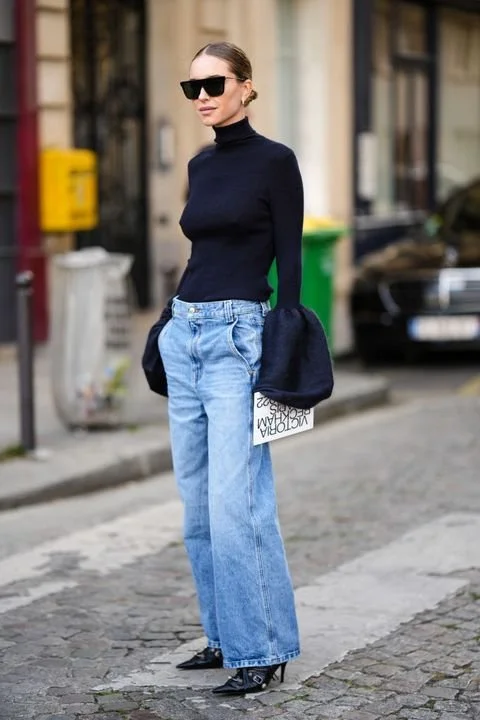 Statement Sleeves: Bell Sleeve Turtleneck with Light Wash Wide Leg Jeans — Wide Leg Jeans Outfits