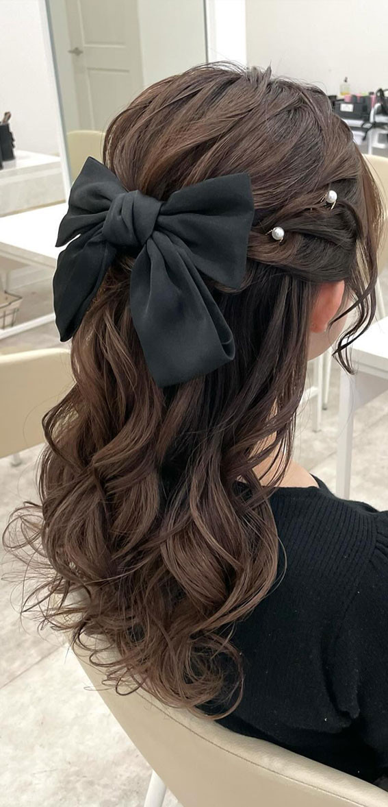 Oversized Black Bow with Pearls — Hair Bow Half Up Half Down