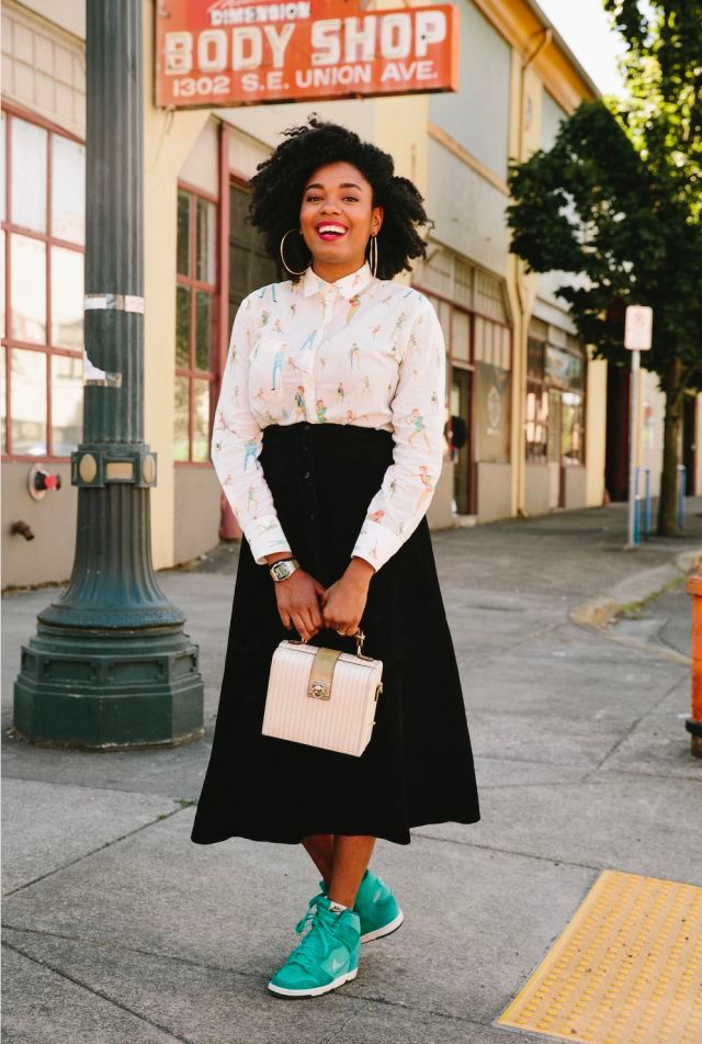Vibrant Teal Sneakers with a Printed Shirt and Midi Skirt Vibrant Teal Sneakers with a Printed Shirt and Midi Skirt — Portland Outfits