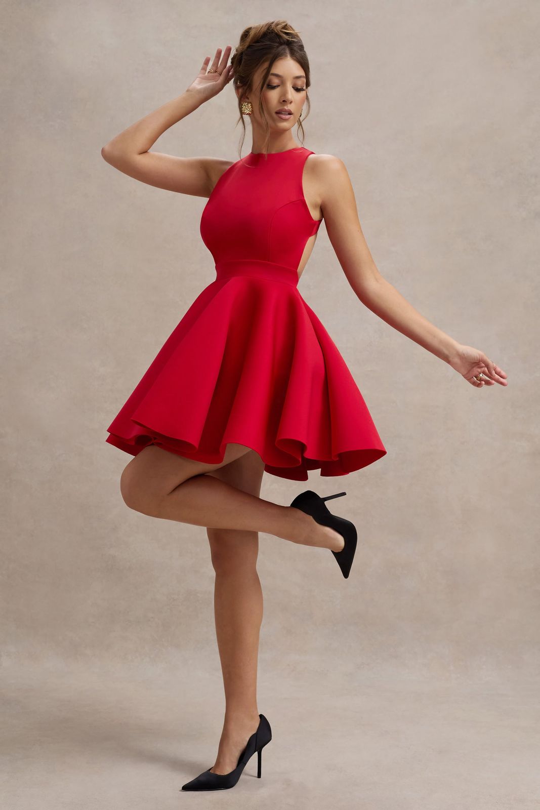 Vibrant Red Sleeveless Skater Dress with Open Back for Parties Vibrant Red Sleeveless Skater Dress with Open Back for Parties — Skater Dresses