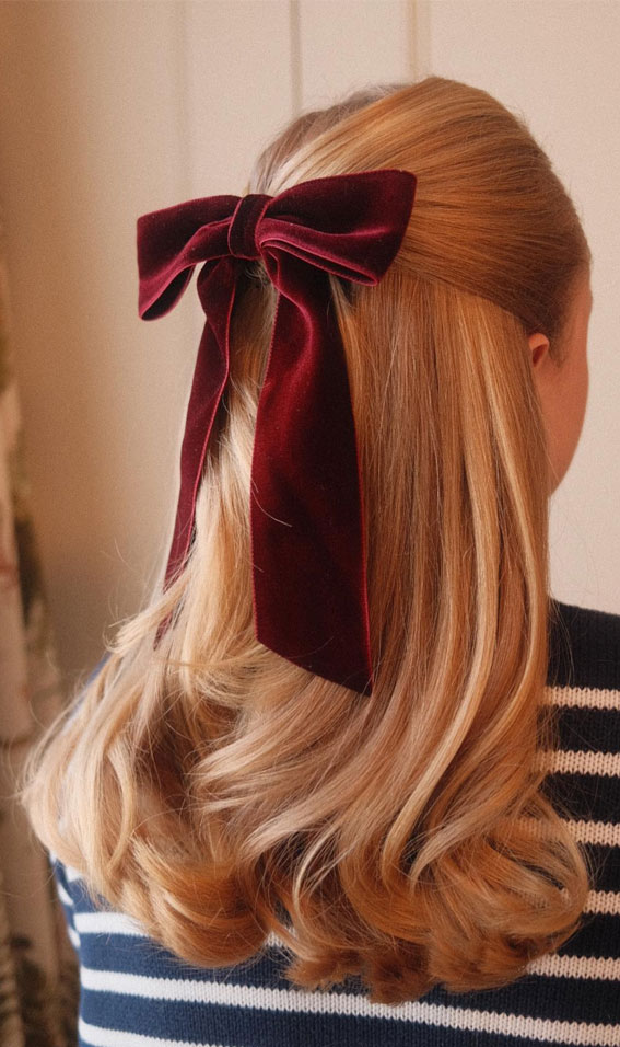 Burgundy Velvet Bow Half Up Style — Hair Bow Hairstyles